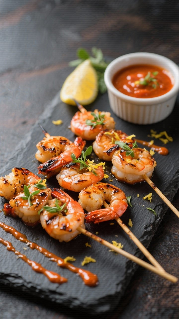 Final dish presentation: Grilled shrimp skewers brushed with peri peri sauce, arranged on a dark sla