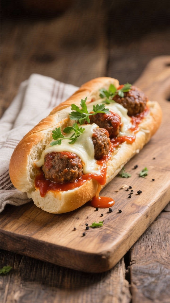 Final dish presentation: Meatball sub on a toasted roll, meatballs nestled in rich tomato sauce with