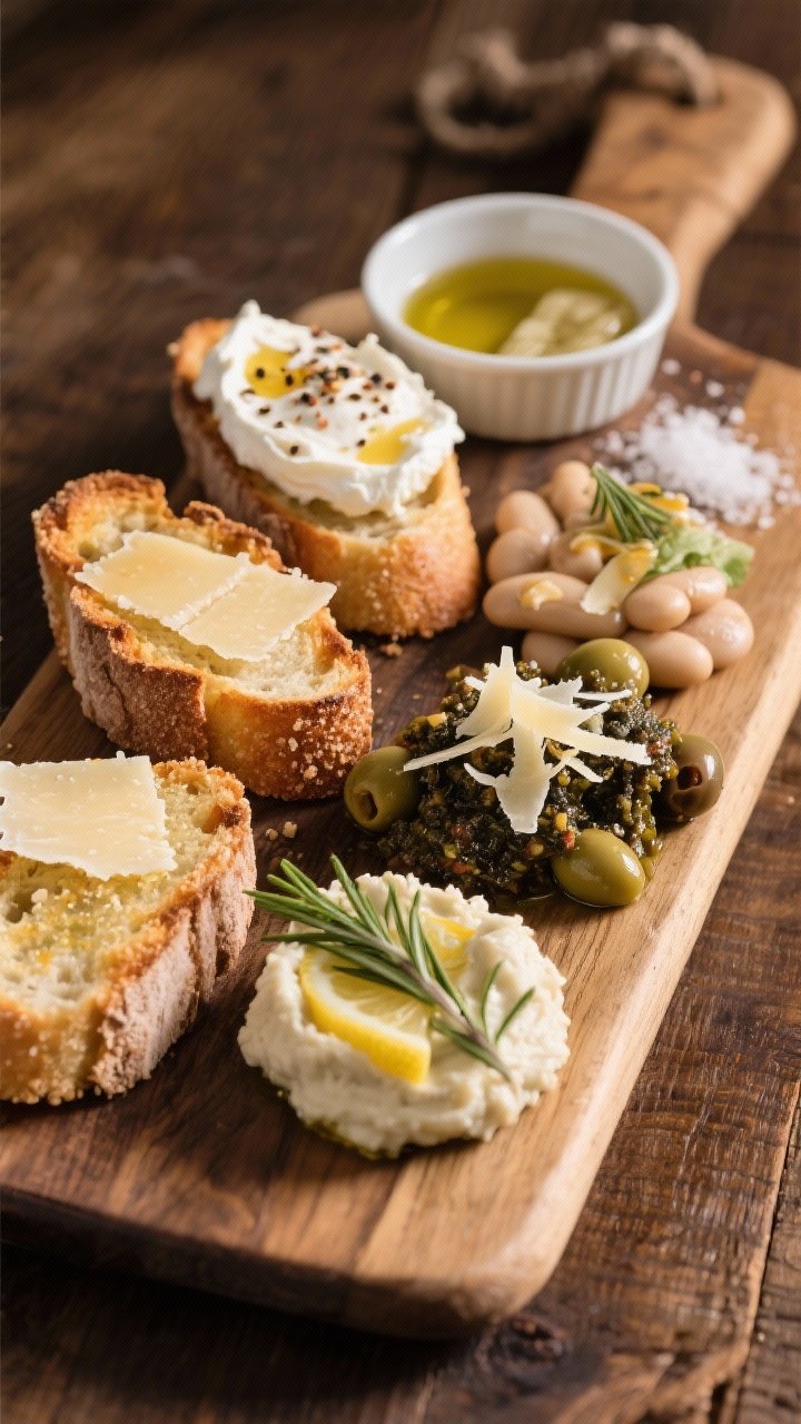 Final dish presentation: Mixed crostini board showing variety—Parmesan-crusted crostini with delic
