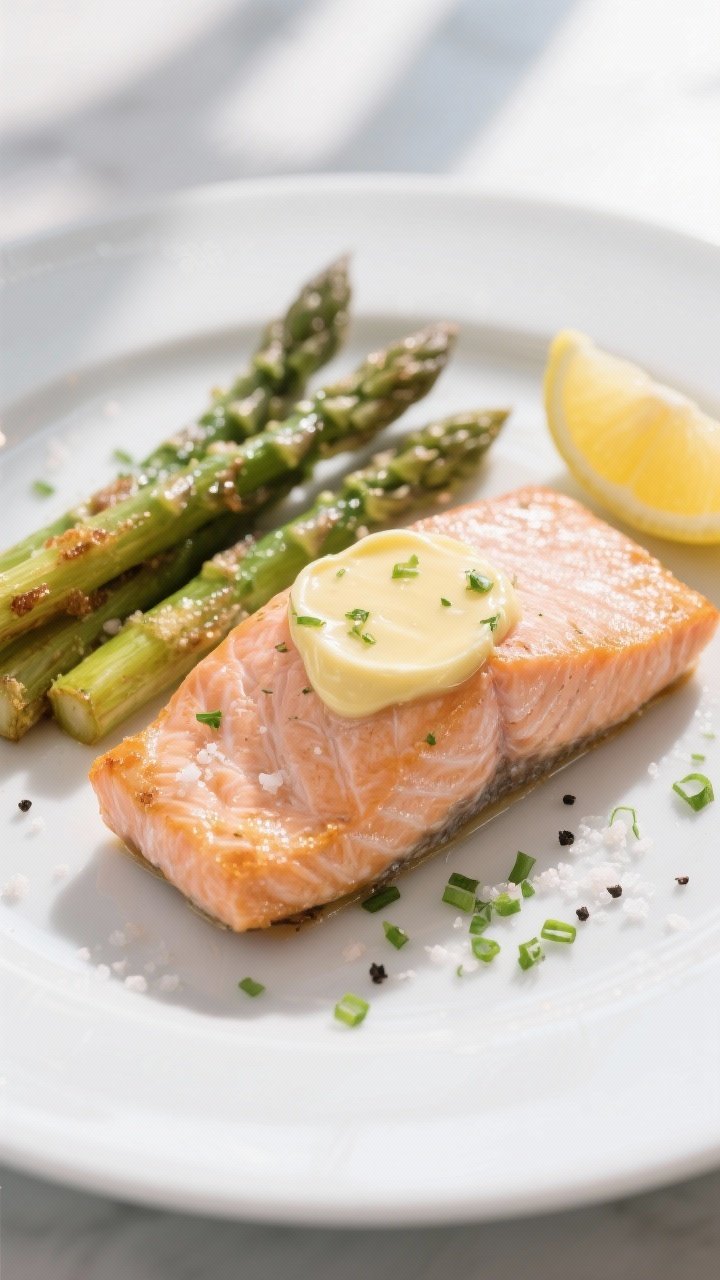 Final dish presentation – Overhead, restaurant-quality plate of air-fried salmon fillet topped wit