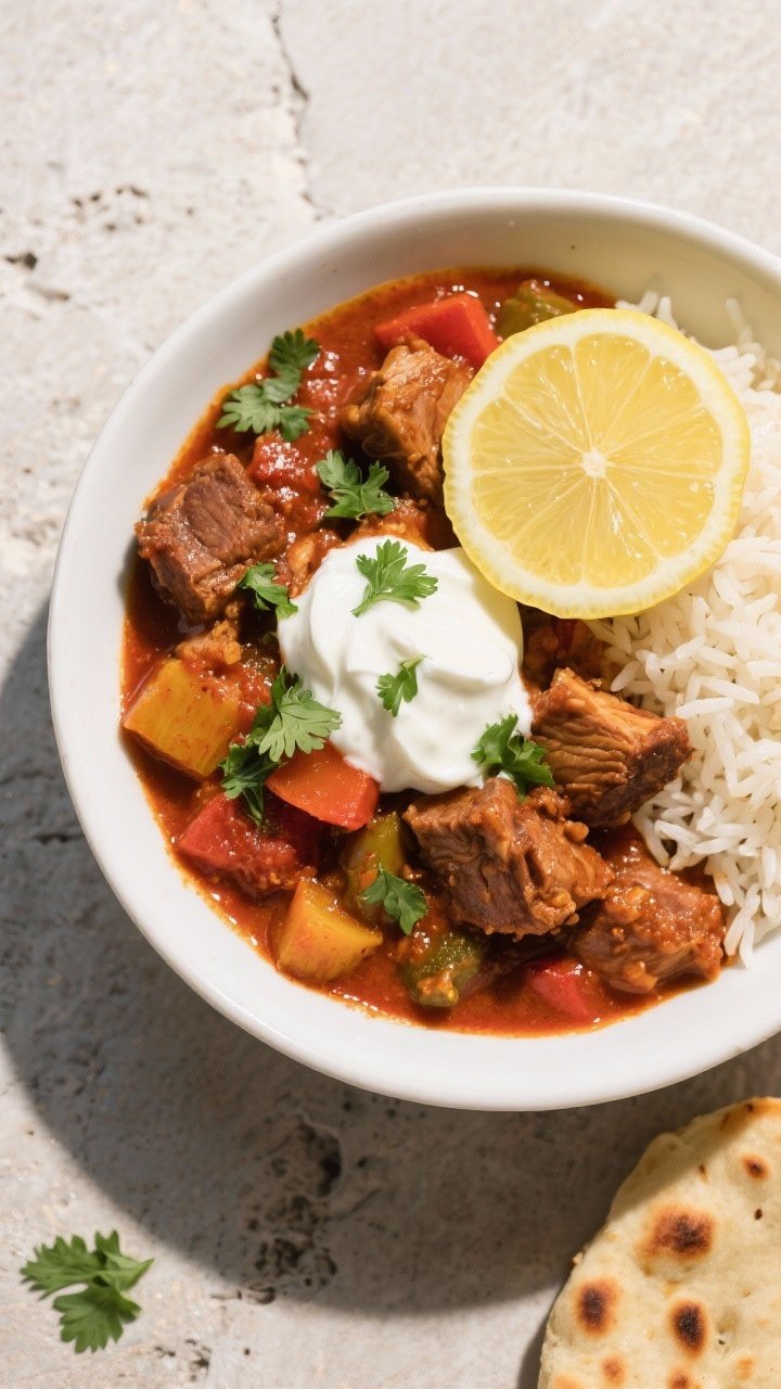 Final dish presentation: Overhead, restaurant-quality bowl of Air Fryer Tikka Pork Stew—rich, bric