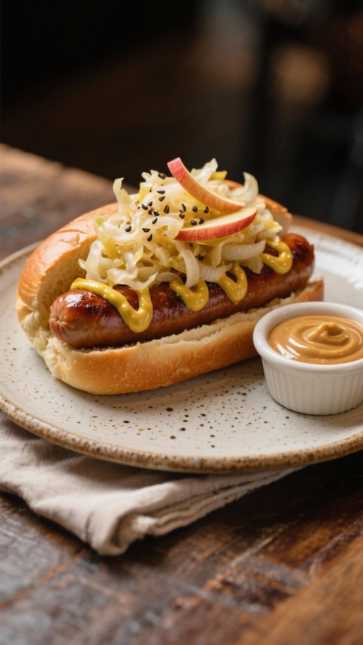 Final dish presentation: Pub-style plated bratwurst in a toasted bun with a generous mound of mustar