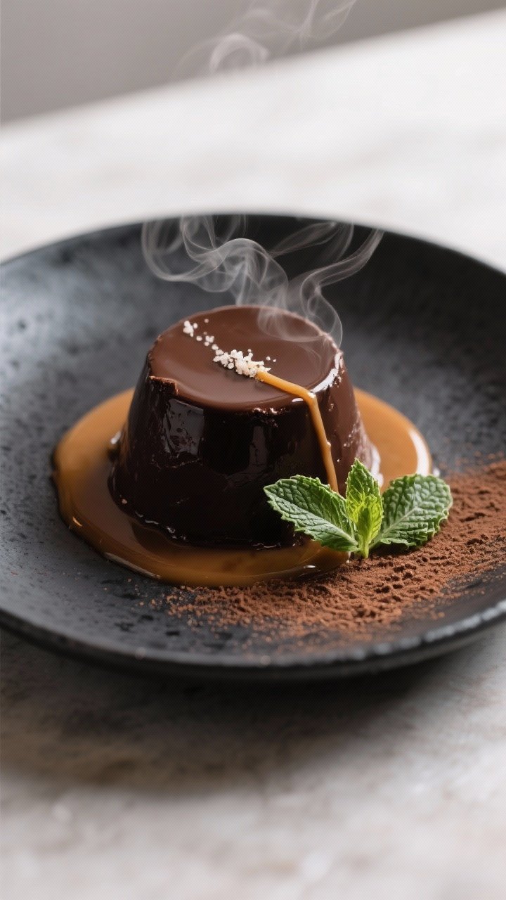 Final dish presentation: Restaurant-level plated lava chocolate pudding on a charcoal ceramic plate,