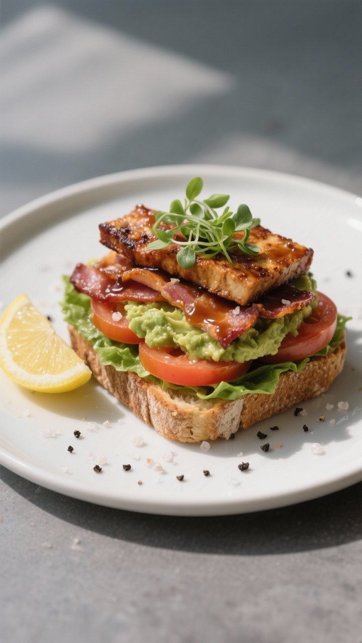 Final dish presentation: Restaurant-quality BLT-style plate featuring stacked tempeh bacon on toaste