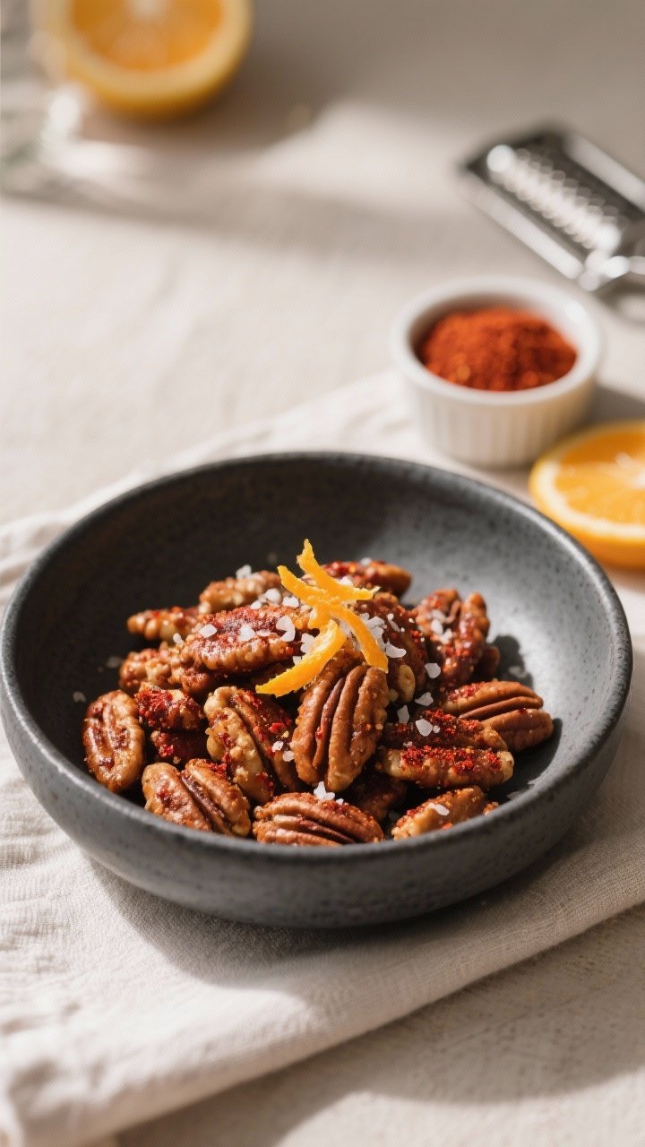 Final dish presentation: Restaurant-quality bowl of air fryer spiced nuts served in a matte charcoal