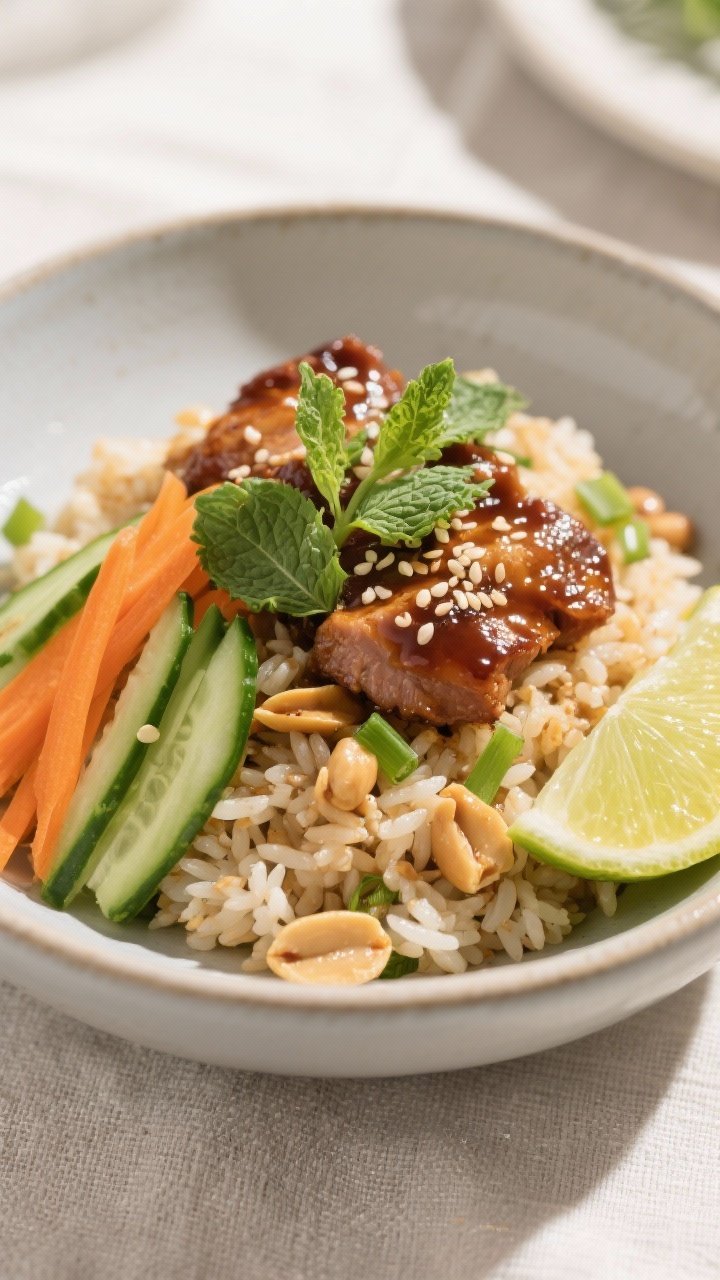 Bowl of air fryer hoisin pork with peanut rice showing sauced but still crisp pieces