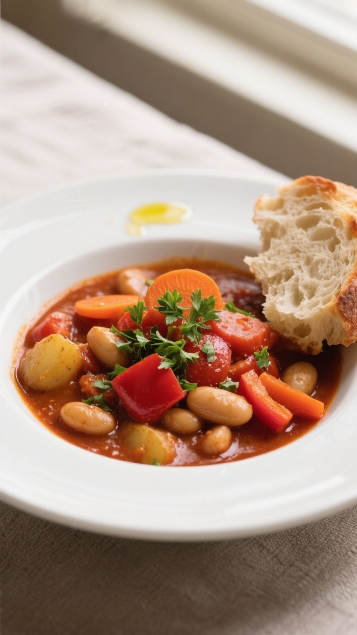 Final dish presentation: Restaurant-quality bowl of Air Fryer Tomato and Red Wine Stew ladled hot, g
