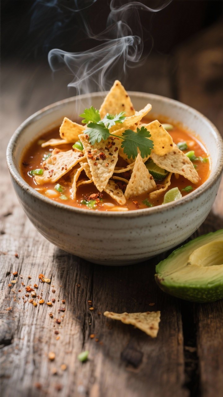 Final dish presentation: Restaurant-quality bowl of tortilla soup topped generously with the crispy 
