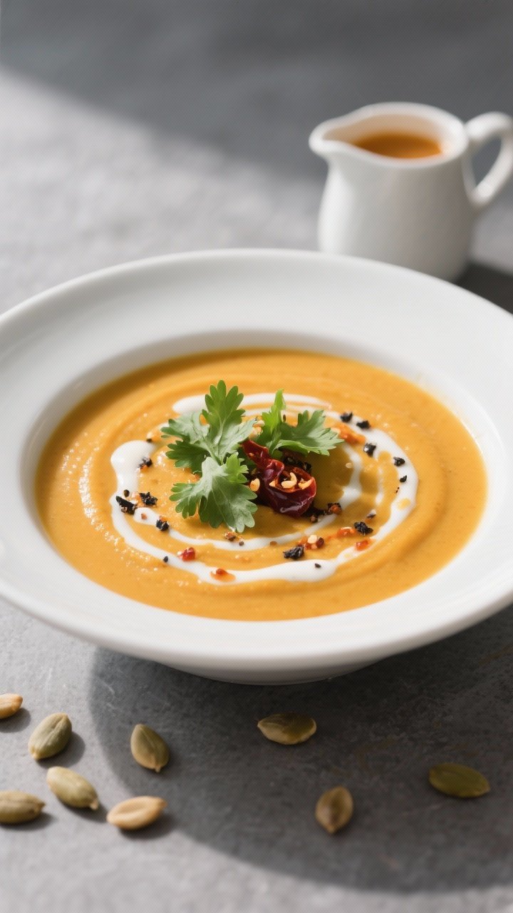 Final dish presentation: Restaurant-quality bowl of Air Fryer Butternut Soup garnished with a coconu