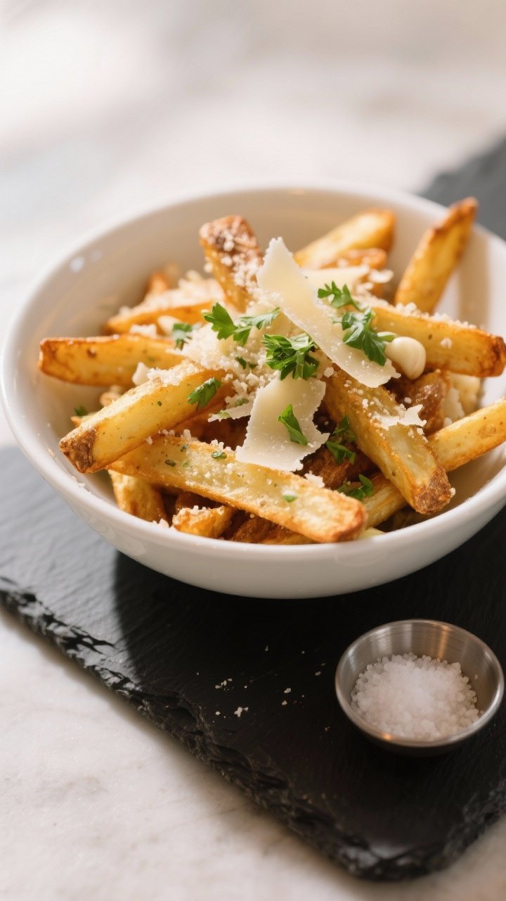 Final dish presentation: Restaurant-quality bowl of Garlic-Parmesan fries—hot fries tossed with a 