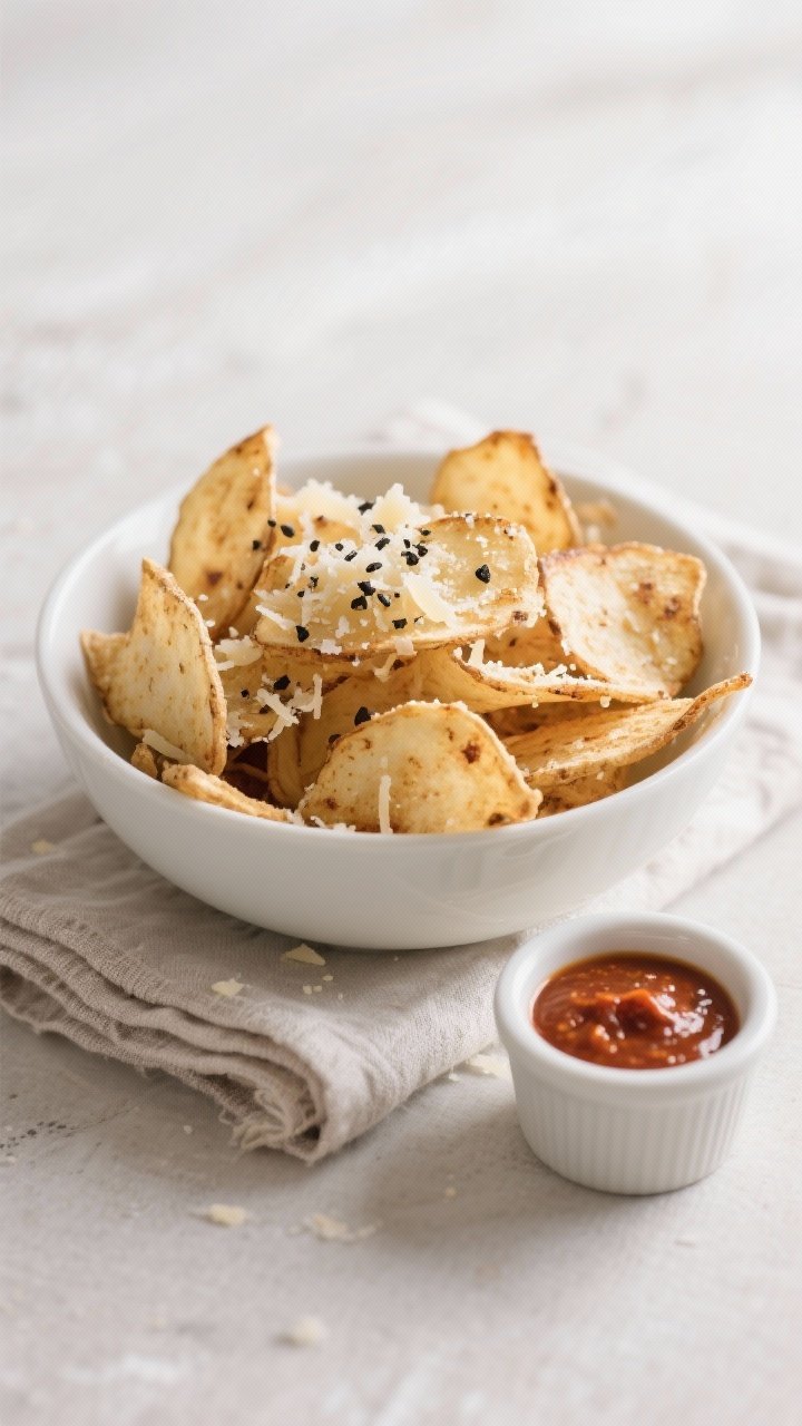 Final dish presentation: Restaurant-quality bowl of parsnip chips dusted with Parmesan in the last m