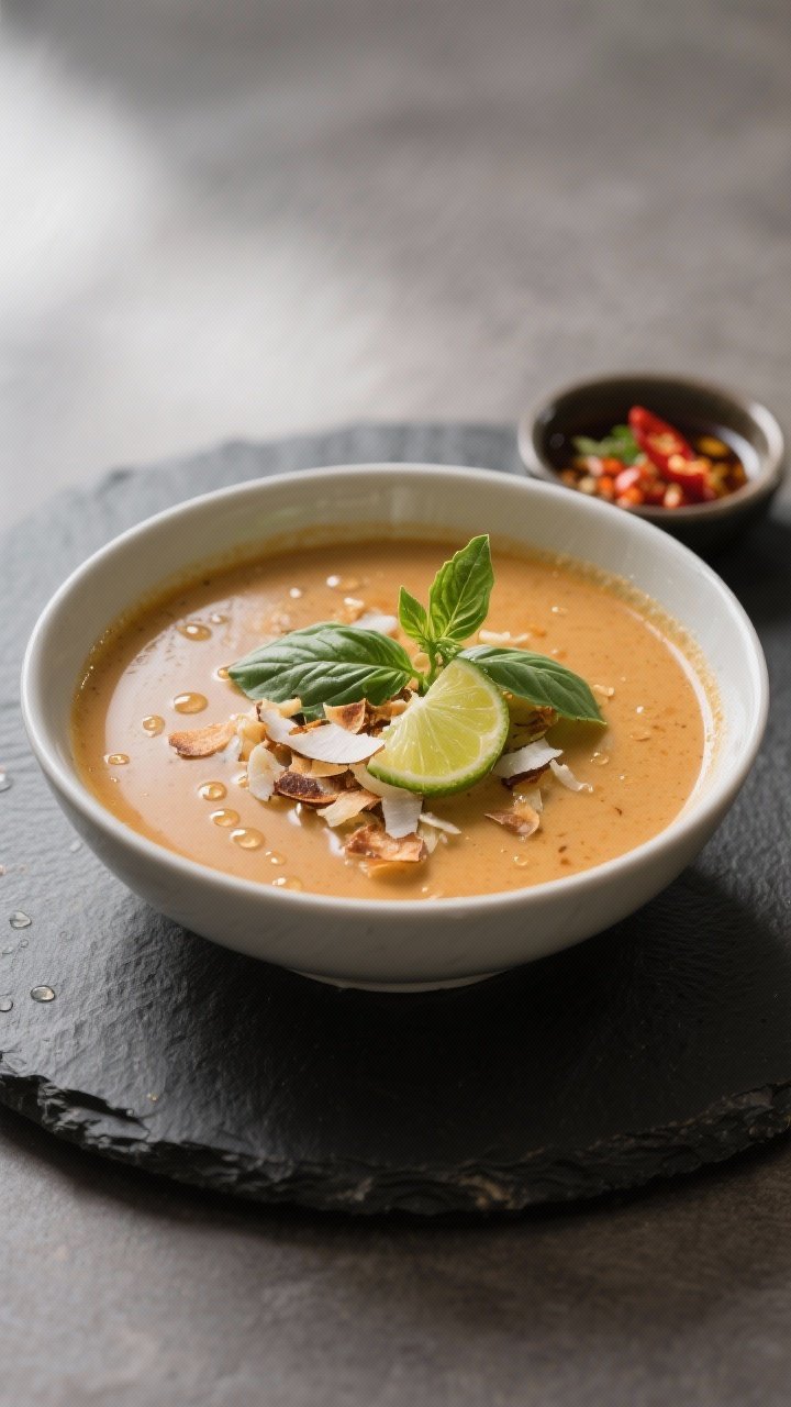 Final dish presentation: Restaurant-quality bowl of ultra-smooth soup with a glossy finish, topped w