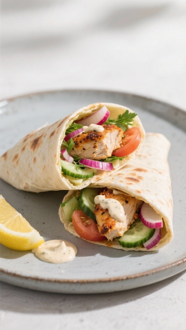 Final dish presentation: Restaurant-quality chicken shawarma pita wrap cut in half to reveal juicy s