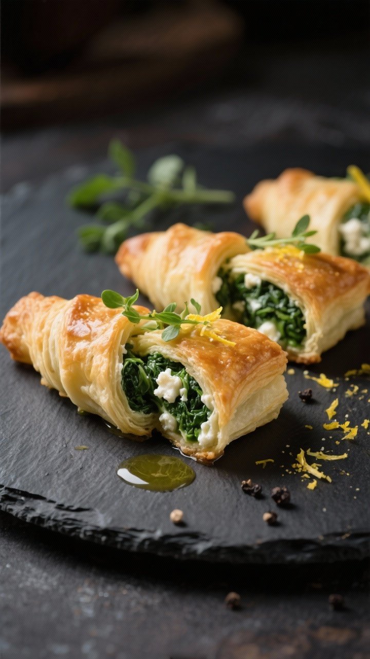 Final dish presentation: Restaurant-quality close-up of 2–3 Spinach and Feta Twists on a dark slat