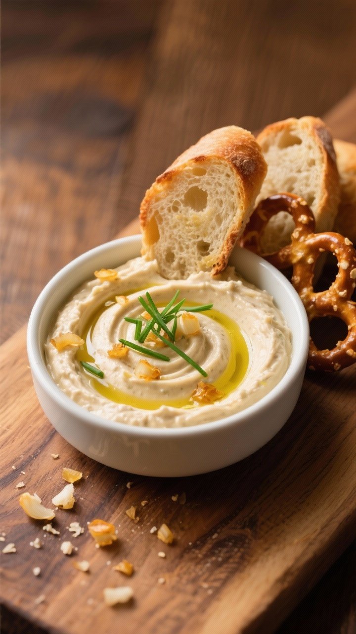 Final dish presentation: Restaurant-quality close-up of the plated dip with a swirl on top, garnishe