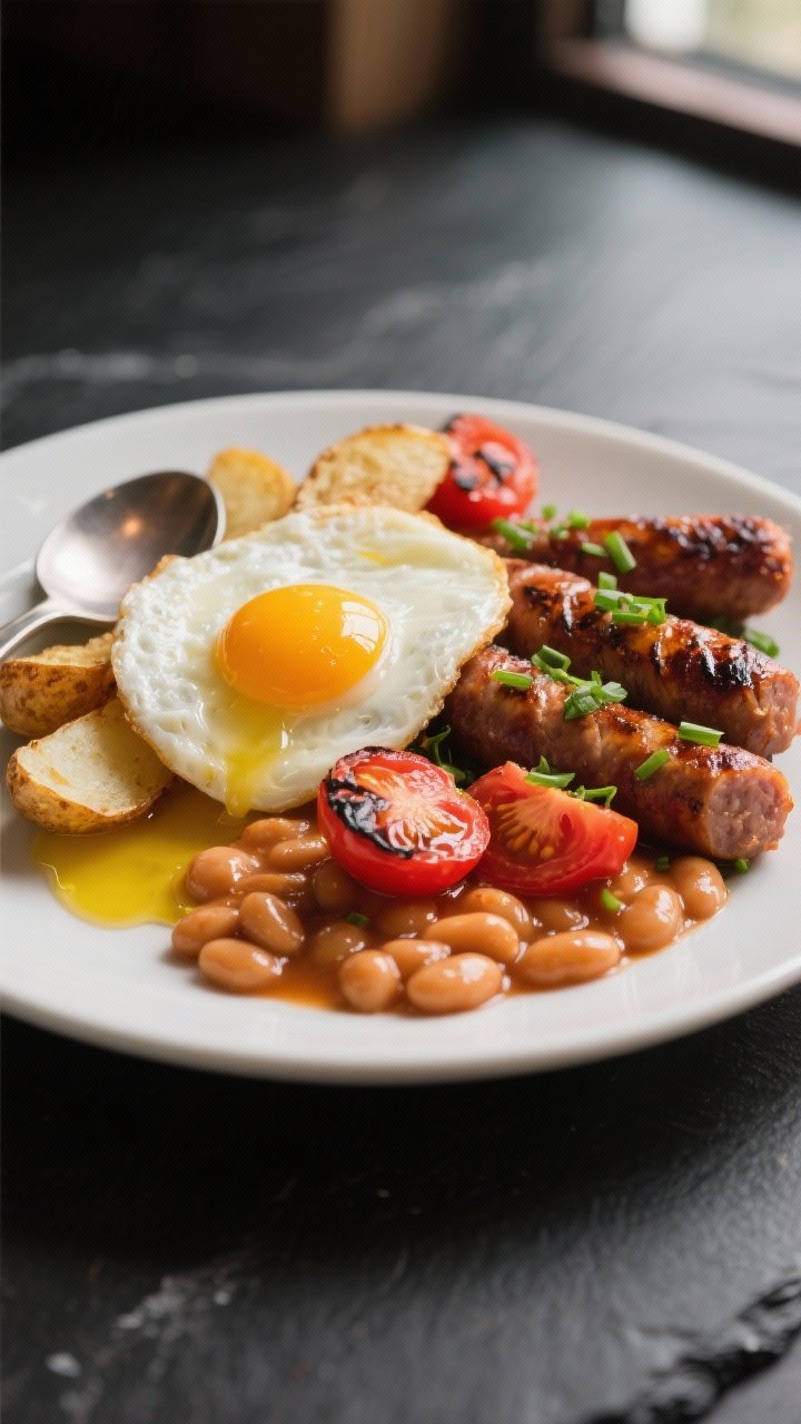 Final dish presentation: Restaurant-quality close-up of the plated breakfast with focus on a runny-y