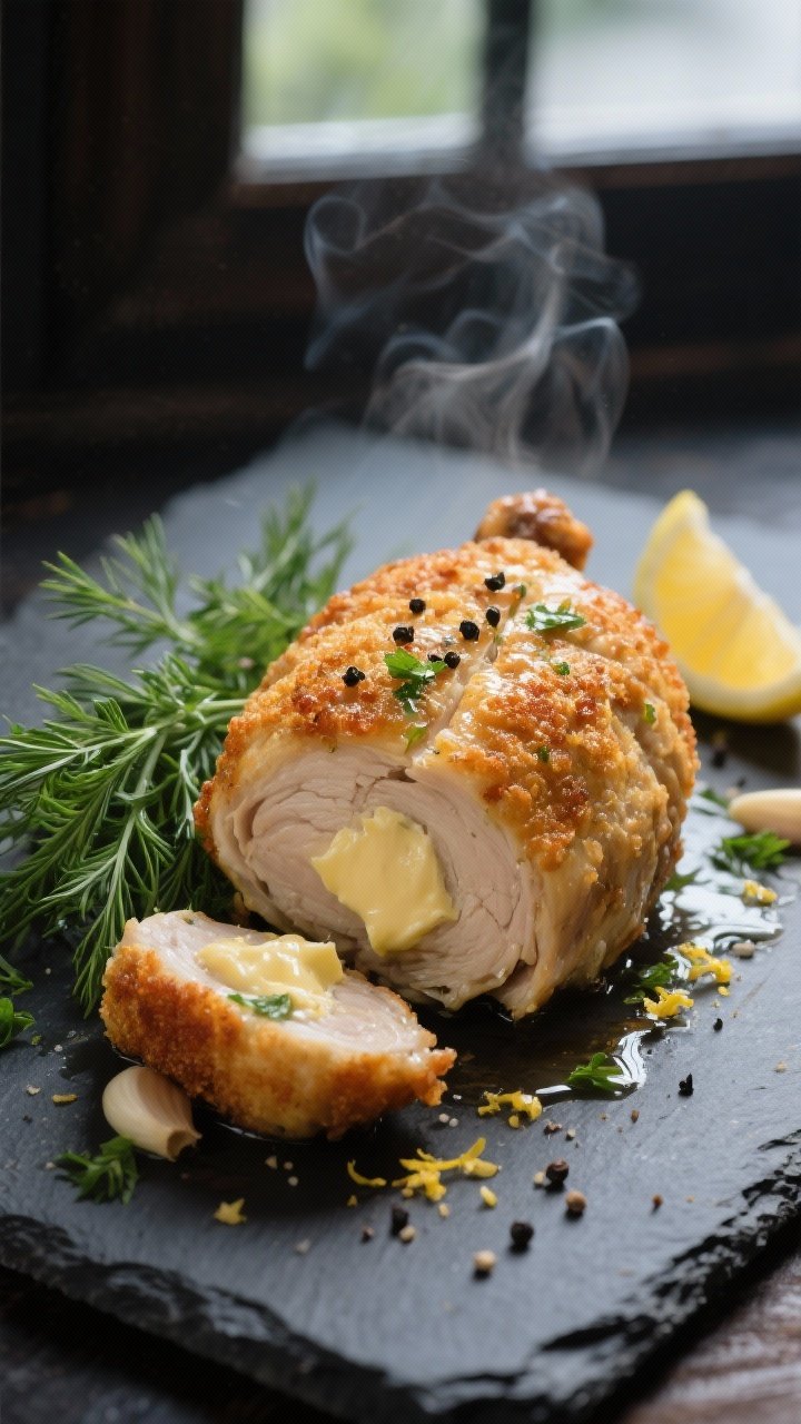 Final dish presentation: Restaurant-quality composition of a whole Chicken Kiev resting 5 minutes po