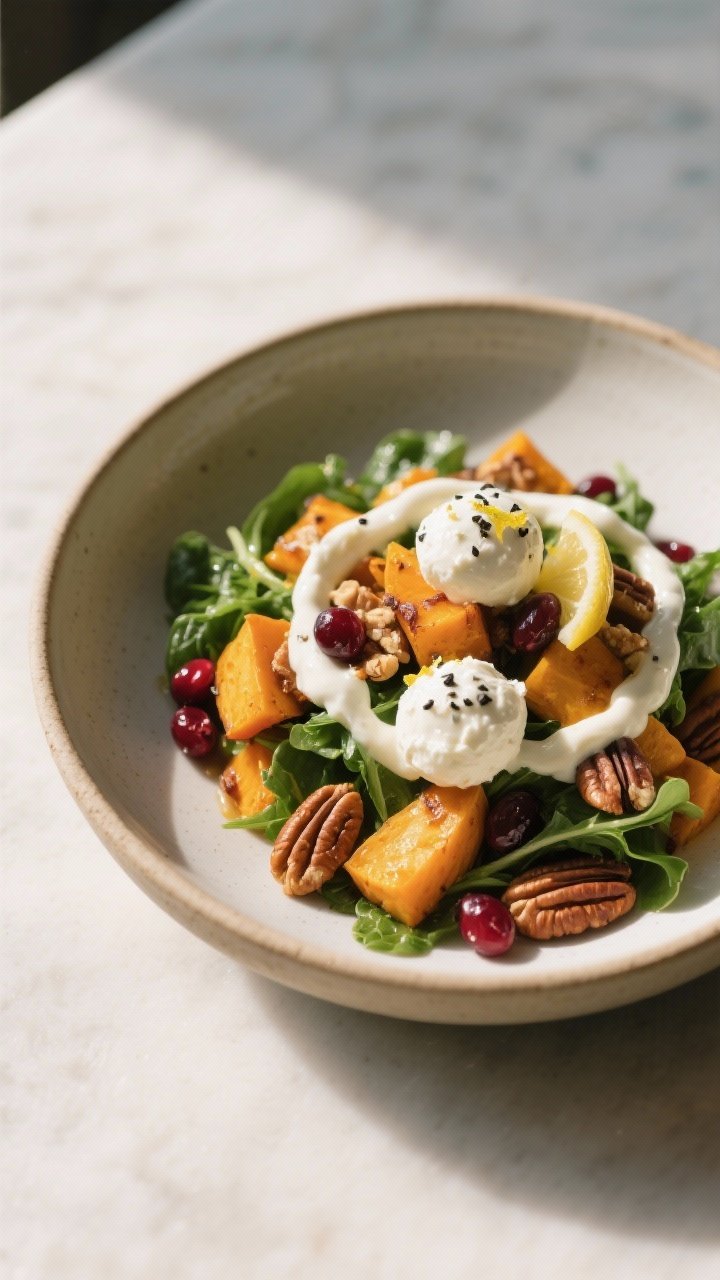 Final dish presentation — Restaurant-quality plated portion in a shallow ceramic bowl: warm roaste