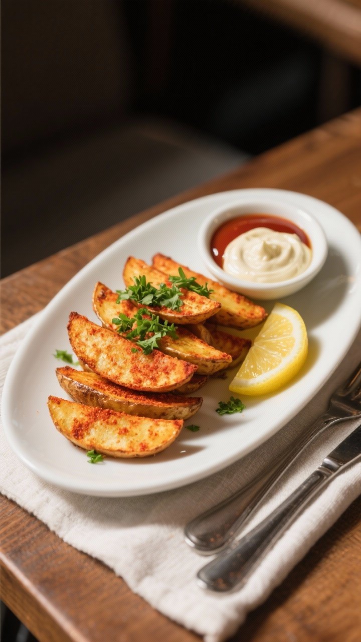 Final dish presentation: Restaurant-quality plate of air fryer paprika potato wedges stacked on a wh