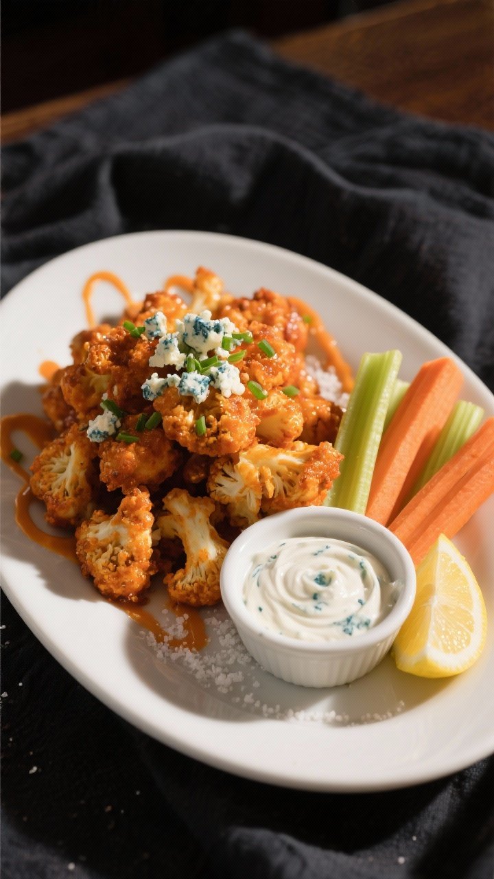 Final dish presentation: Restaurant-quality plate of Buffalo cauliflower bites piled high on a matte