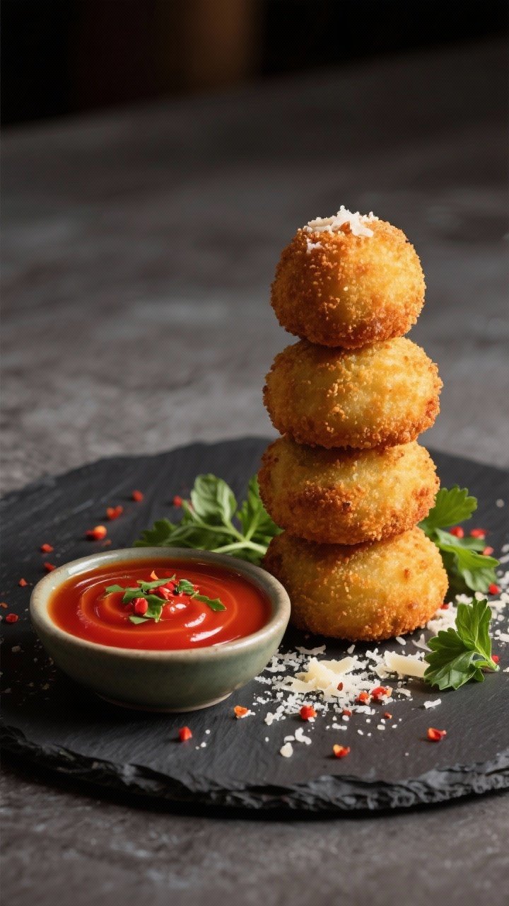 Final dish presentation: Restaurant-quality plate of Air Fryer Arancini stacked in a neat pyramid on