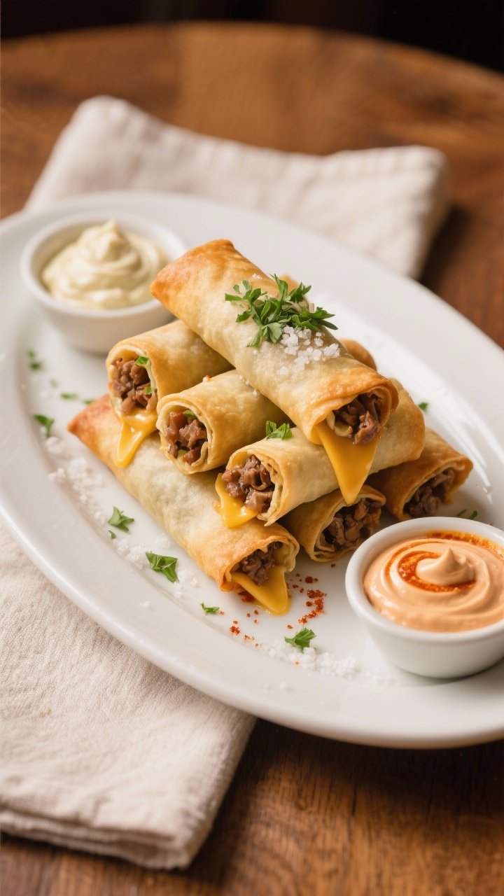 Final dish presentation: Restaurant-quality plate of Philly cheesesteak egg rolls stacked in a neat