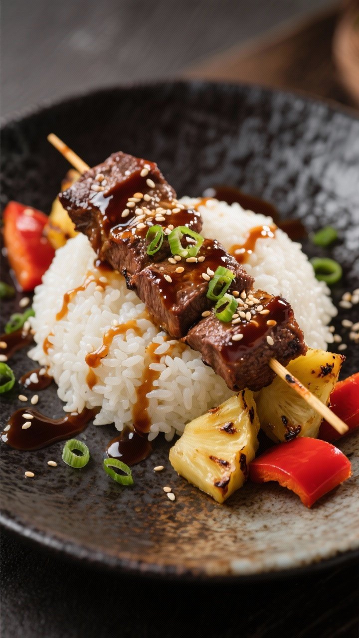 Final dish presentation: Restaurant-quality plate of beef teriyaki skewers over a neat mound of stea