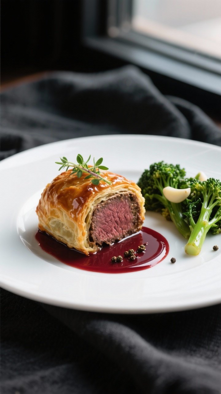 Final dish presentation: Restaurant-quality plate featuring one whole mini Beef Wellington alongside