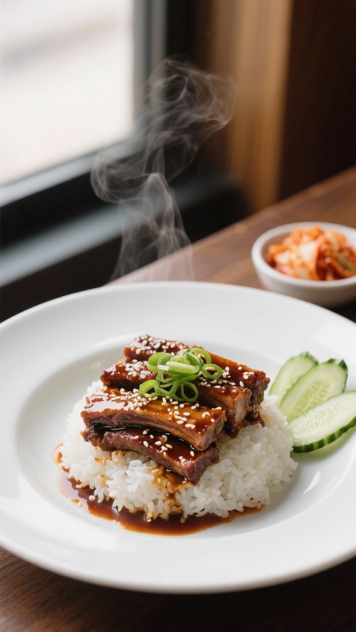 Final dish presentation: Restaurant-quality plate of Korean short ribs stacked slightly on steamed w