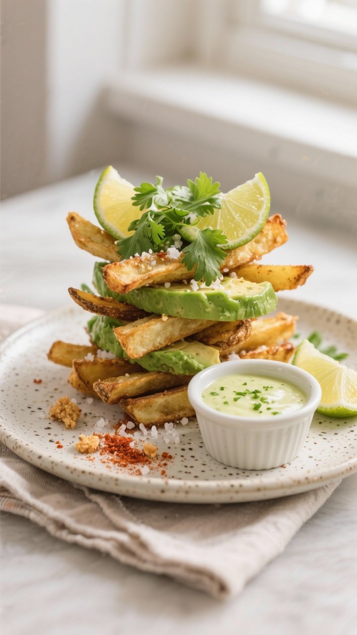 Final dish presentation: Restaurant-quality plate of avocado fries stacked on a speckled ceramic pla