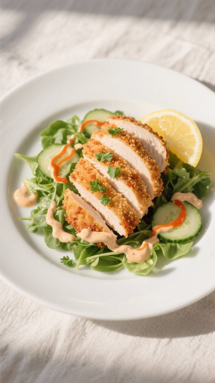 Final dish presentation: Restaurant-quality plate of sliced crumbed chicken breast fanned over a sim