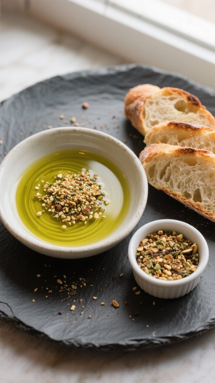 Final dish presentation: Restaurant-quality plate of dukkah with olive oil and warm crusty bread for