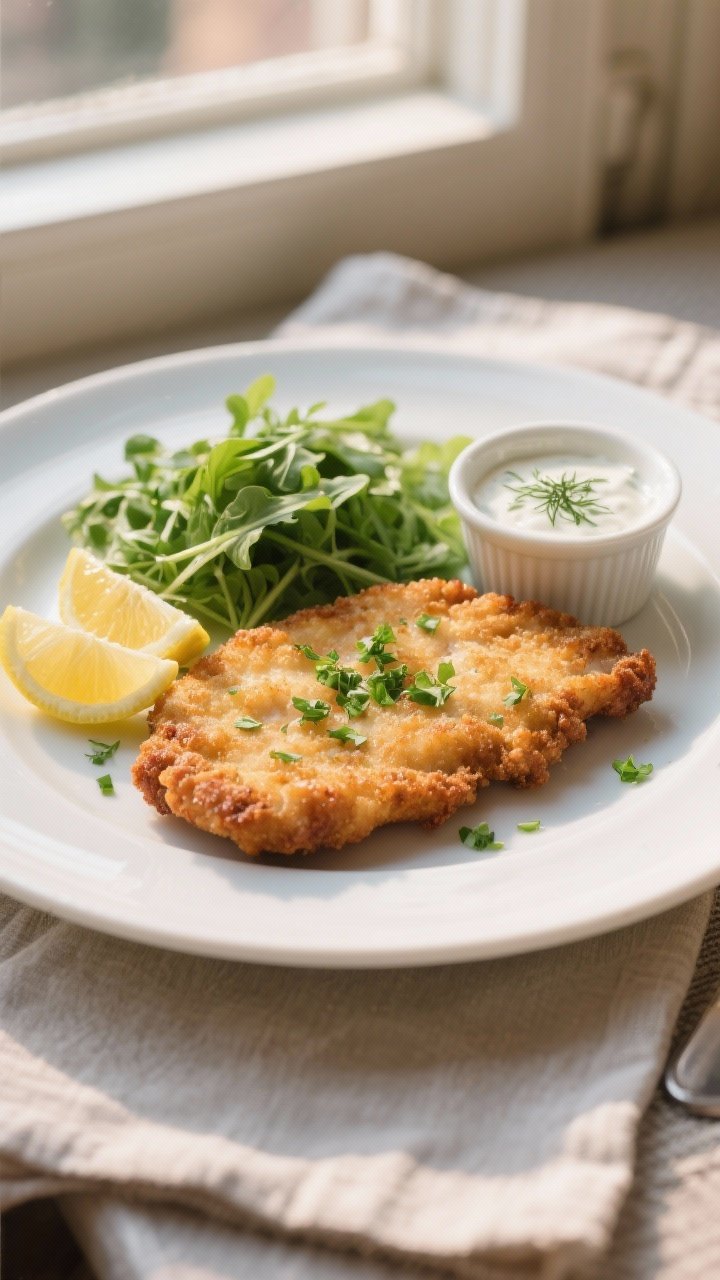 Final dish presentation: Restaurant-quality plate of pork schnitzel topped with a sprinkle of choppe