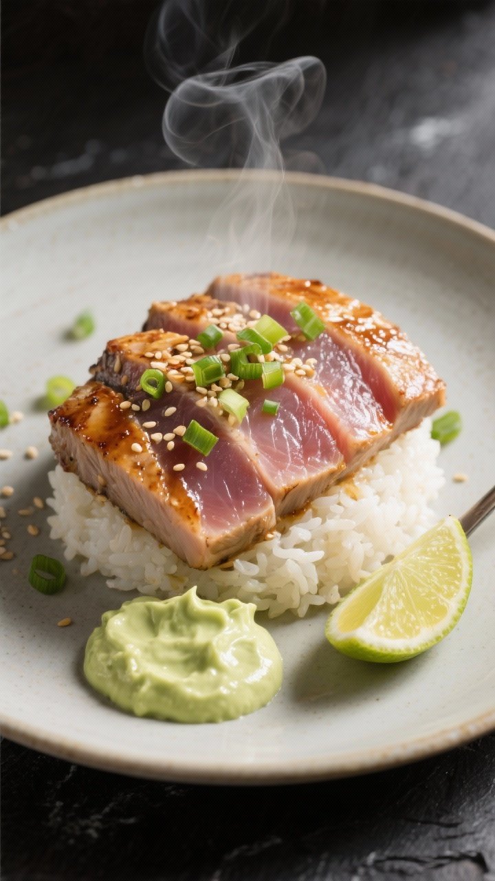 Final dish presentation: Restaurant-quality plate of air fryer tuna steaks fanned over a small mound