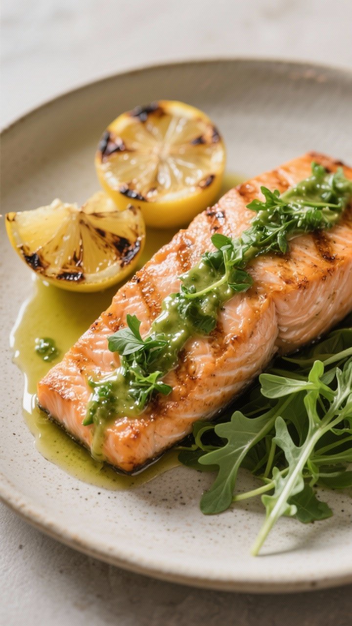 Final dish presentation: Restaurant-quality plate of grilled salmon topped with a generous ribbon of