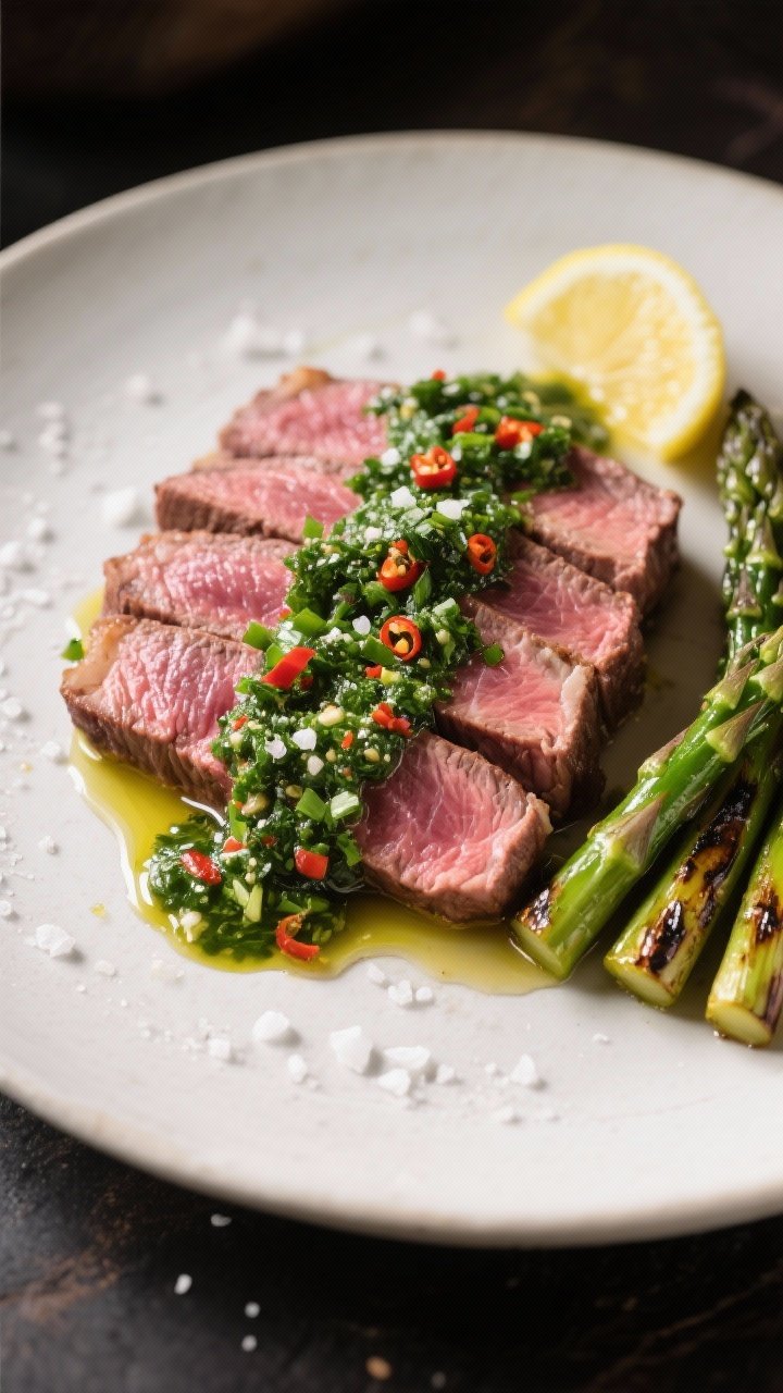 Final dish presentation: Restaurant-quality plate of medium-rare flank steak fanned on a matte white