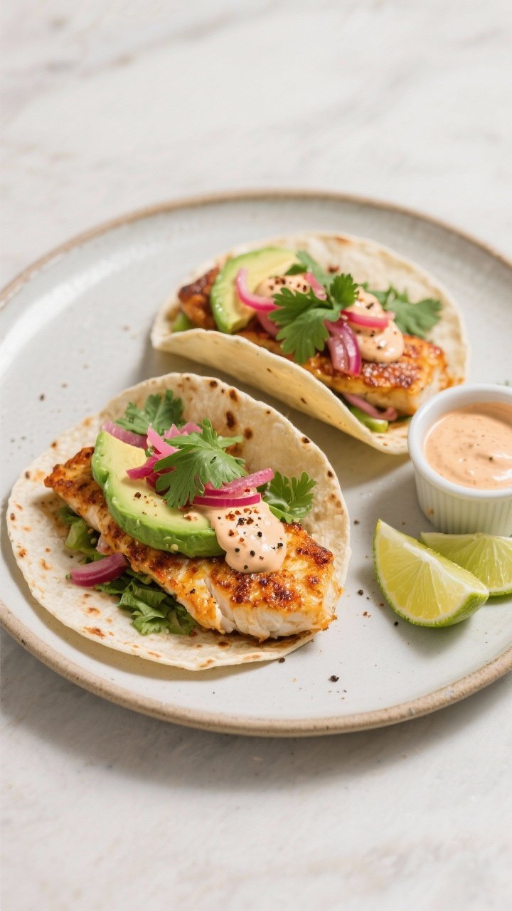 Final dish presentation: Restaurant-quality plate of two fully built spicy fish tacos on a ceramic p