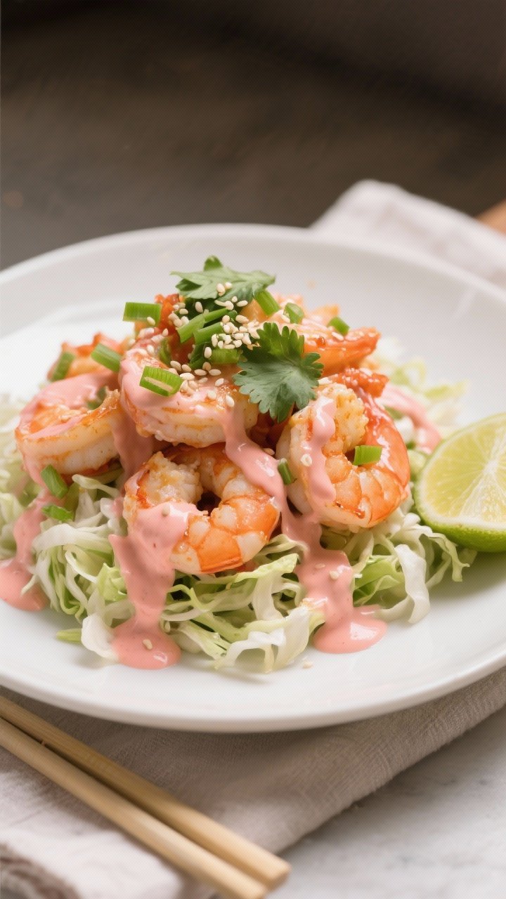 Final dish presentation: Restaurant-quality plate of bang bang shrimp piled over a crisp shredded ca
