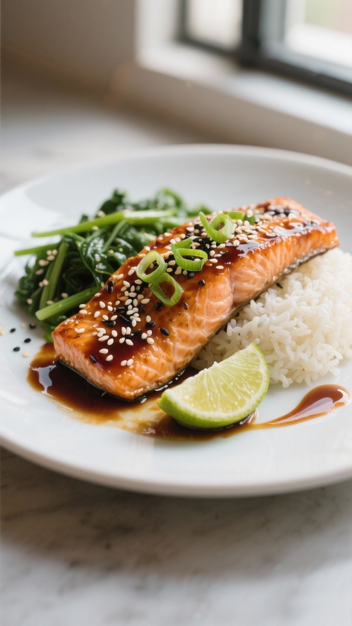Final dish presentation: Restaurant-quality plate of teriyaki-glazed salmon on a matte white plate, 