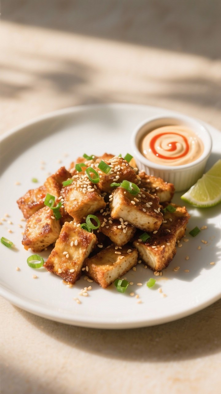 Final dish presentation: Restaurant-quality plate of crispy tofu piled on a matte white round plate,