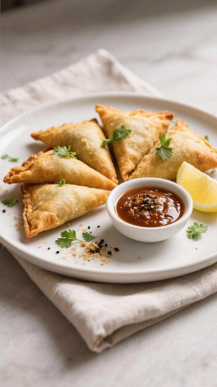 Final dish presentation: Restaurant-quality plate of 5–6 golden, crisp samosas arranged in a fan o