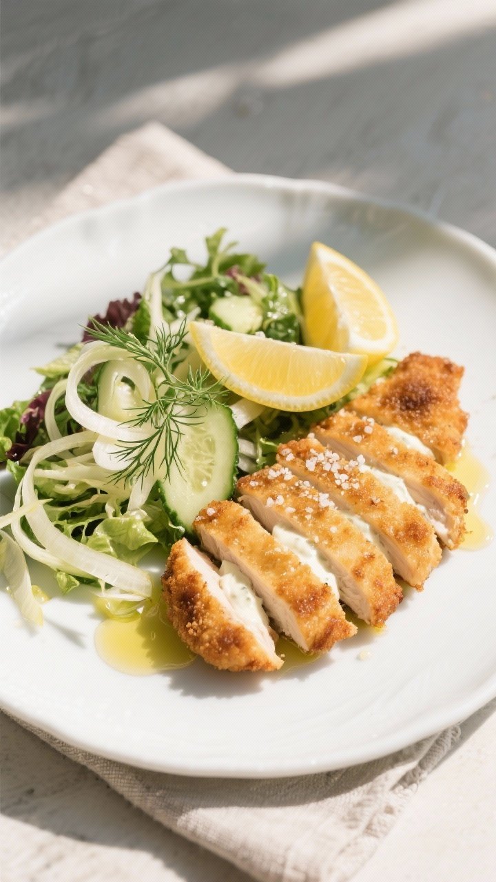 Final dish presentation: Restaurant-quality plate of sliced yoghurt chicken schnitzel fanned over a 