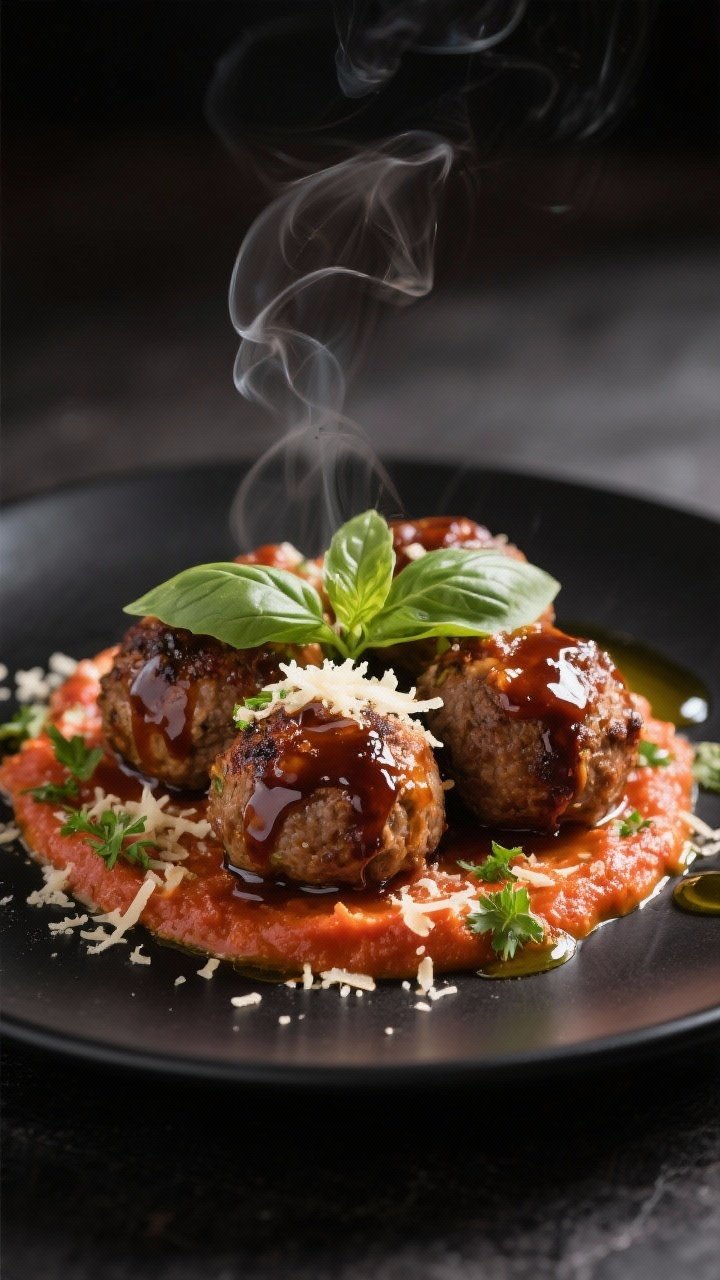 Final dish presentation: Restaurant-quality plate of meatballs brushed with a glossy BBQ glaze in th