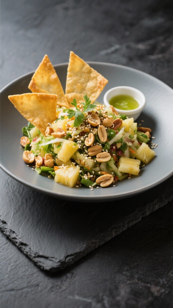 Final dish presentation: Restaurant-quality plate-up of Air Fryer Wonton Crisps with Pineapple and P