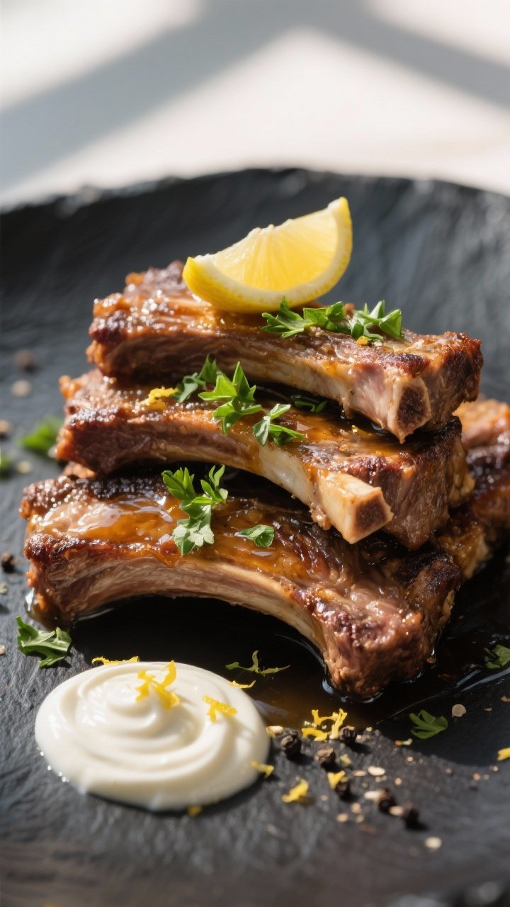 Final dish presentation: Restaurant-quality plate of lamb riblets stacked neatly with crisp edges, g