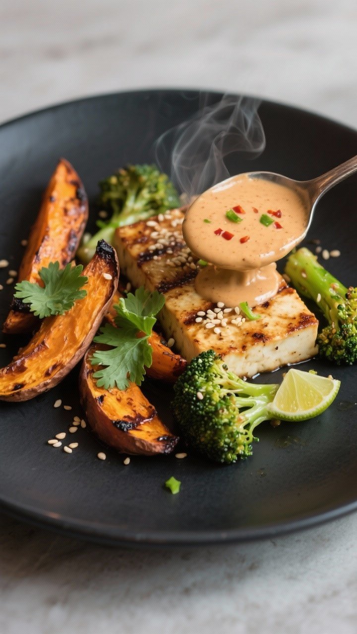 Final dish presentation: Restaurant-quality plate of grilled tofu with roasted sweet potato wedges a