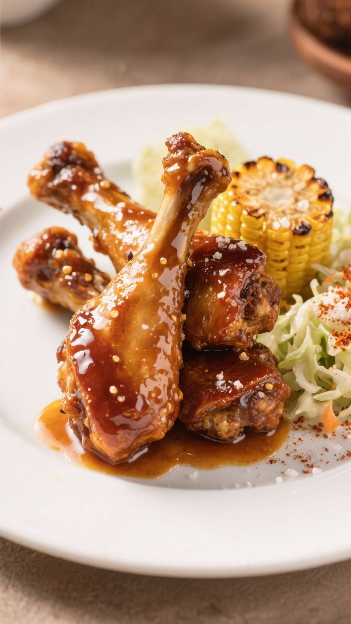 Final dish presentation: Restaurant-quality plate of two drumsticks stacked for height, glossy honey