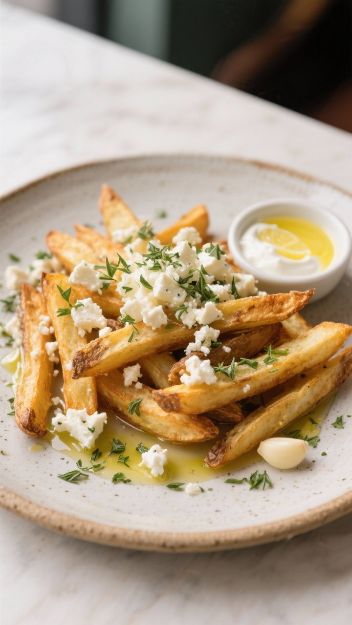 Final dish presentation: Restaurant-quality plate of Air Fryer Feta and Oregano Fries drizzled light