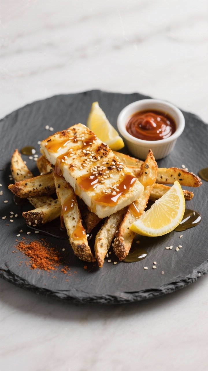 Final dish presentation: Restaurant-quality plate of halloumi fries drizzled with hot honey for a gl