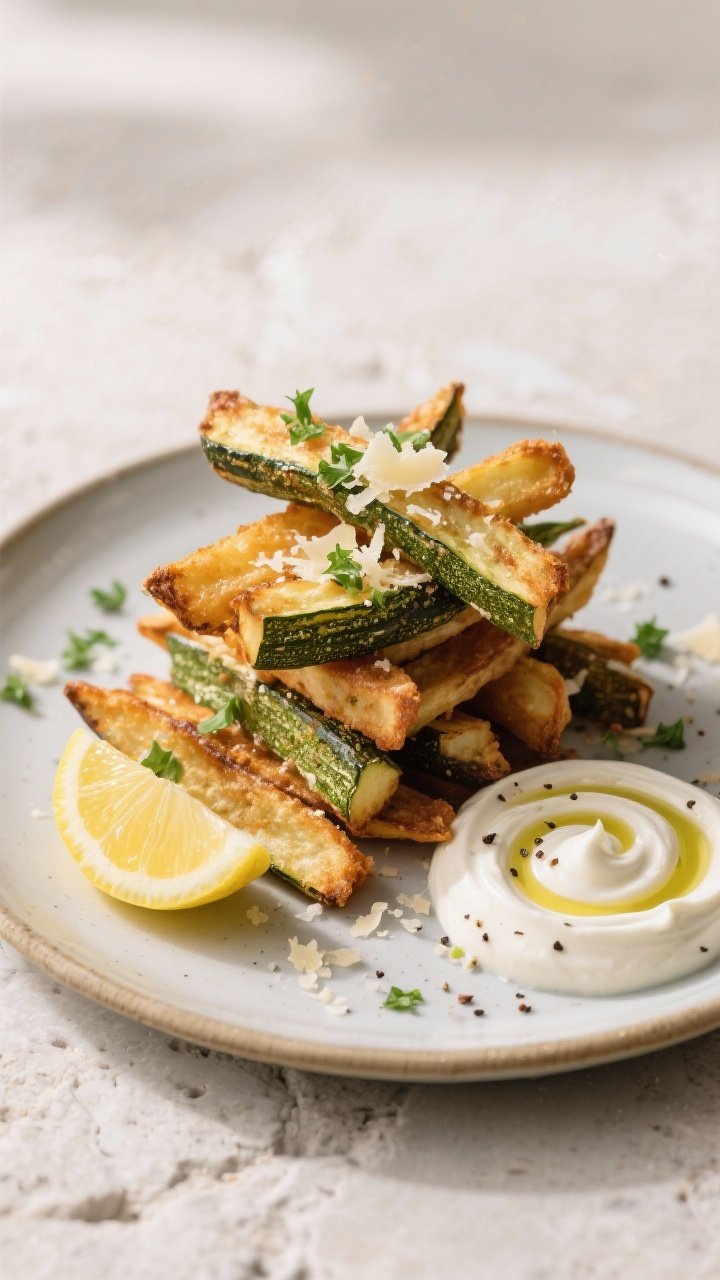 Final dish presentation: Restaurant-quality plate of baby marrow fries arranged like a stack, crispy